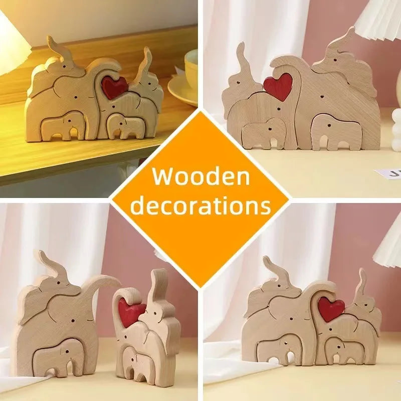 Wooden Elephant Family Statue - Home Decoration Craft Ideal for Living Room Desktop Ornament Puzzle Design Perfect Festival Gift