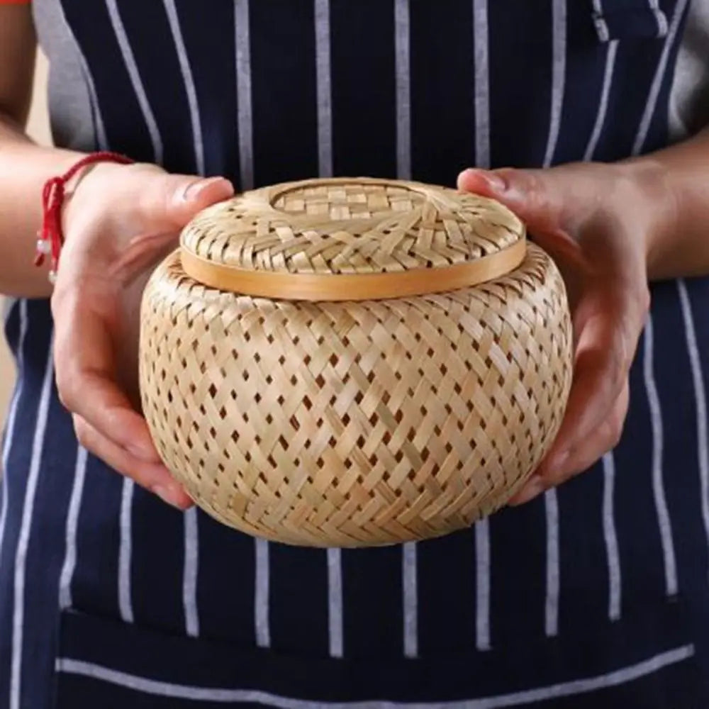 Double Layer Bamboo Weave Basket with Cover Pastoral Style Tea Box Handmade Breathable Bamboo Food Storage Jars Gift