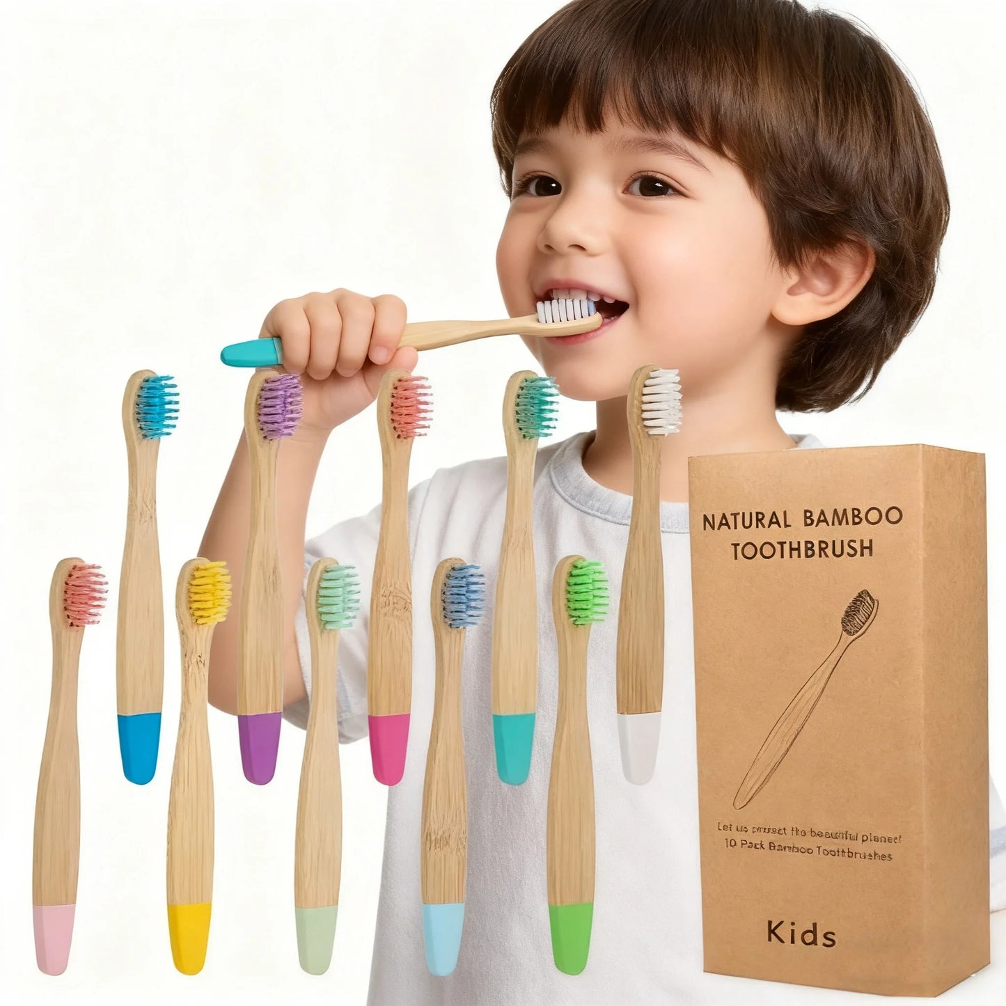 New Eco Organic Children's Bamboo Toothbrush, 4 Pack,Ten Colors Soft Fibre Bristles, 100% Biodegradable Handle Eco BPA Free