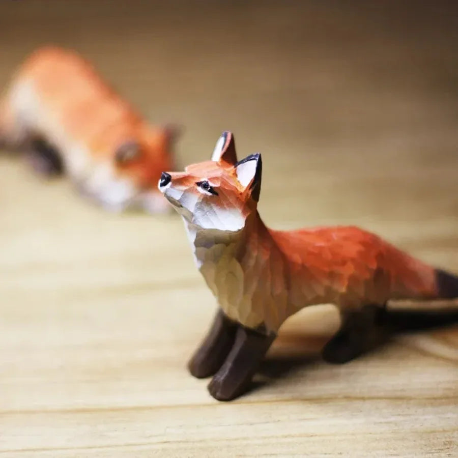 Modern Art Fox Wood Carving Ornaments Solid Wood Handicrafts Red White Foxes Home Decor Desk Decor Animal Figurine Statue