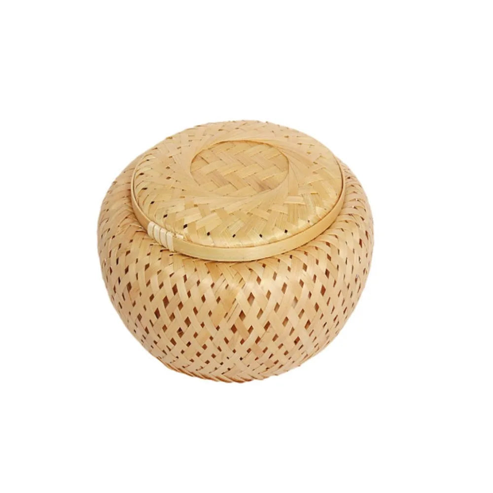 Double Layer Bamboo Weave Basket with Cover Pastoral Style Tea Box Handmade Breathable Bamboo Food Storage Jars Gift