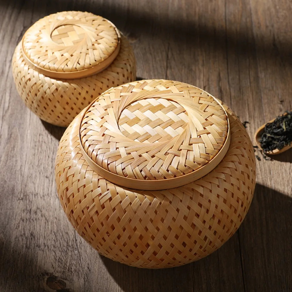 Double Layer Bamboo Weave Basket with Cover Pastoral Style Tea Box Handmade Breathable Bamboo Food Storage Jars Gift
