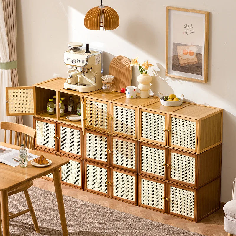 Bamboo Wood Grids Cabinet Stackable Household Storage Cabinet Floating Window Low Storage Box Bedside Cabinet For Bedroom Floor