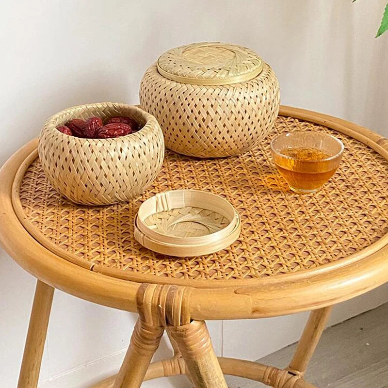 Bamboo Storage Basket with Cover Handmade Woven Tea Basket Tabletop Storage Box Flowerpot for Tea Dried Fruit Snack
