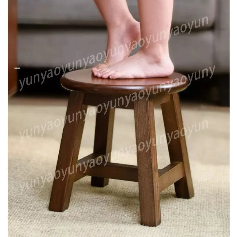 Wood Round Stool, Walnut Color Small Footstool for Sofa Tea Table, Home Entryway Seat Cushion