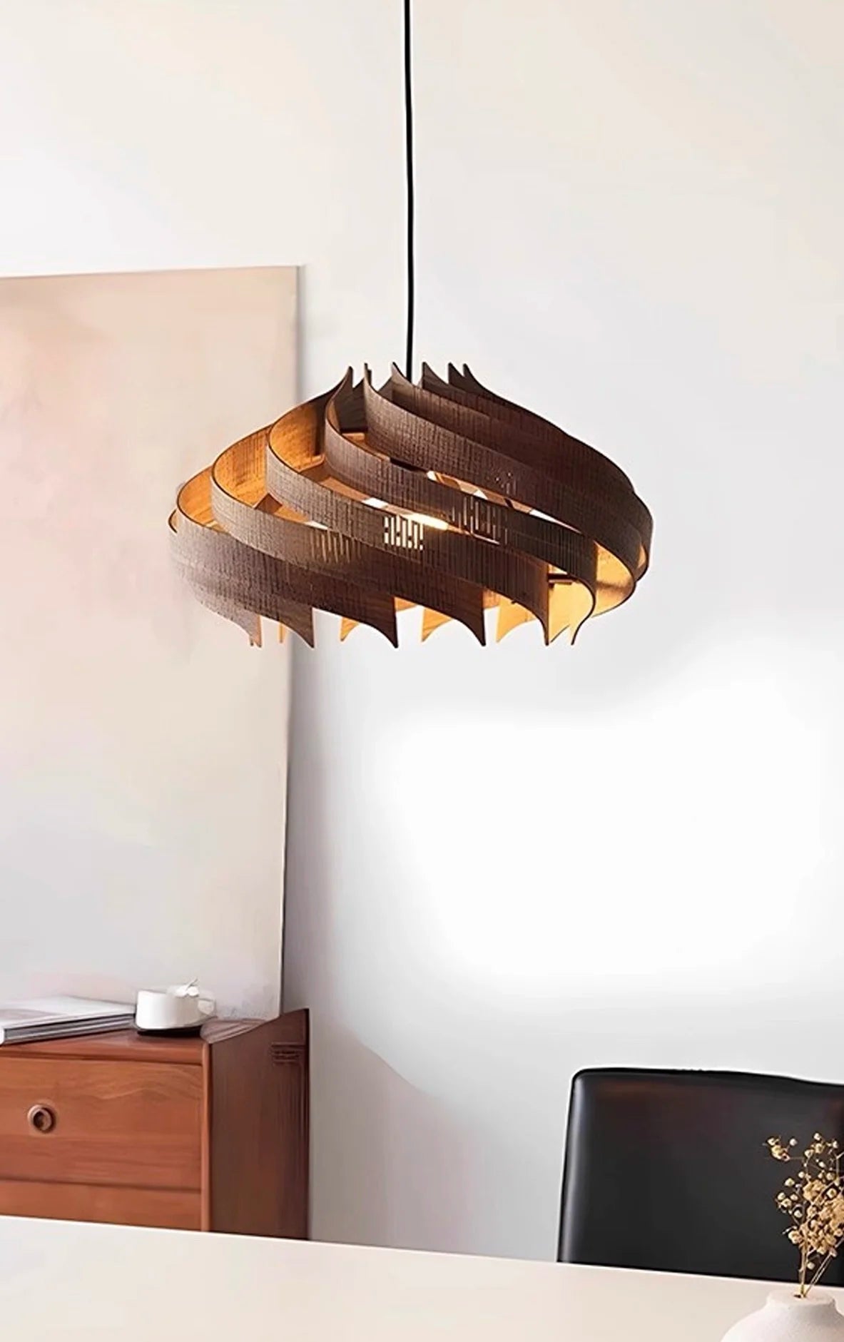 Wood Art Pendant Light, Modern Art Warm LED Decor Lamp for Dining Room Bedroom Bedside Ambient Lighting