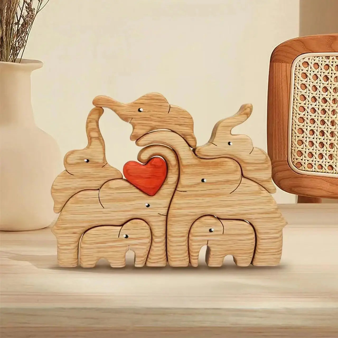 Wooden Elephant Family Statue - Home Decoration Craft Ideal for Living Room Desktop Ornament Puzzle Design Perfect Festival Gift