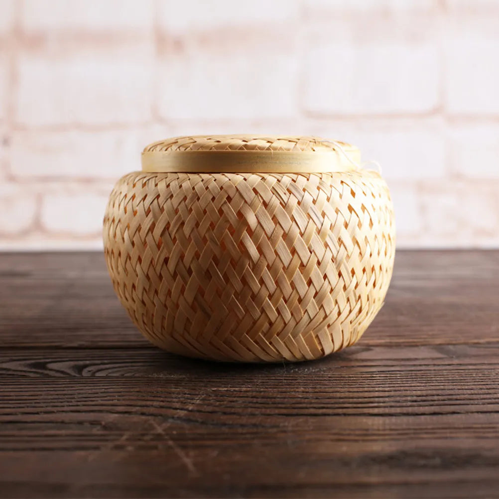 1Pcs Bamboo Woven Tea Basket Fine Polishing Edge Tea Storage Jar Moisture Proof Gift Box for Birthday Wedding Home Office
