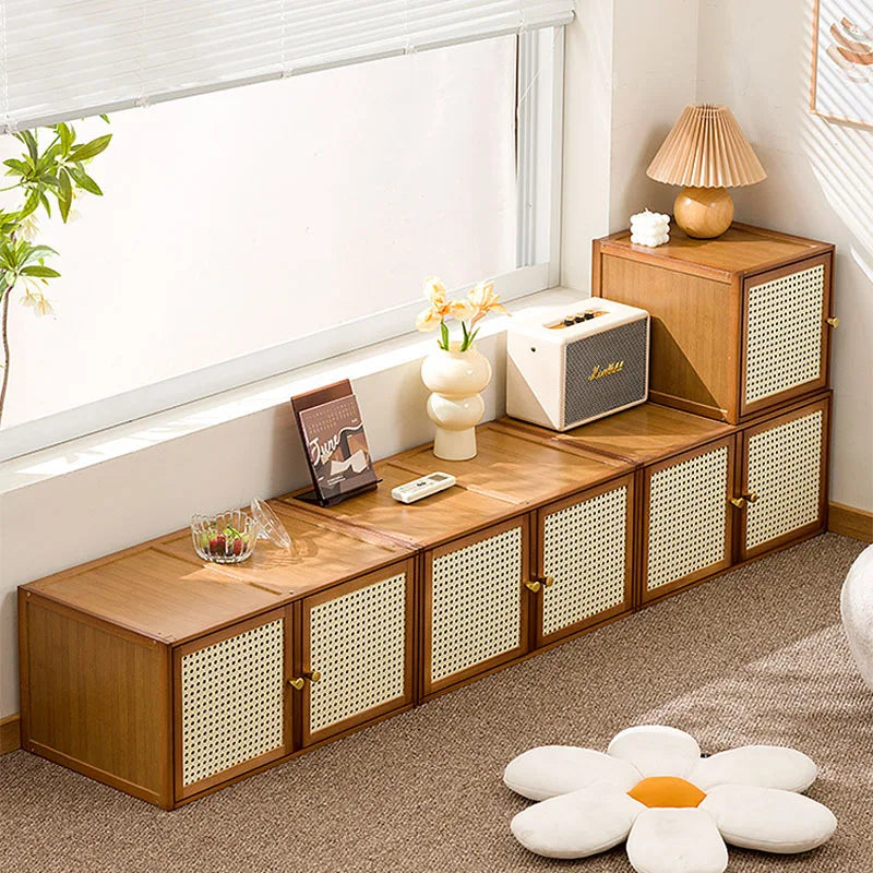 Bamboo Wood Grids Cabinet Stackable Household Storage Cabinet Floating Window Low Storage Box Bedside Cabinet For Bedroom Floor