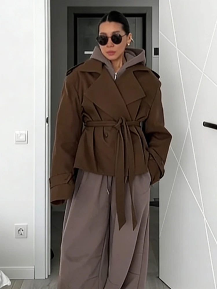 Women Lapel Lace Up Trench Coat Fashion Lace Up Full Sleeve Button Short Thin Windbreak 2026 New Lady Daily Street Outerwear
