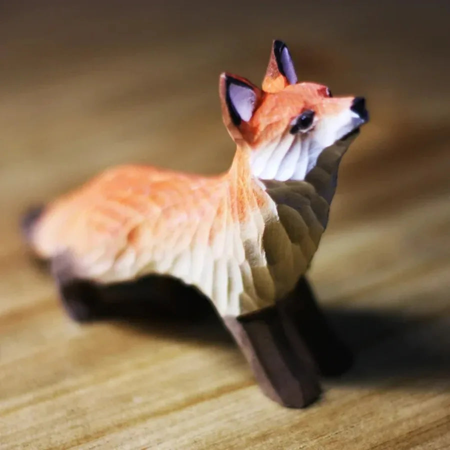 Modern Art Fox Wood Carving Ornaments Solid Wood Handicrafts Red White Foxes Home Decor Desk Decor Animal Figurine Statue