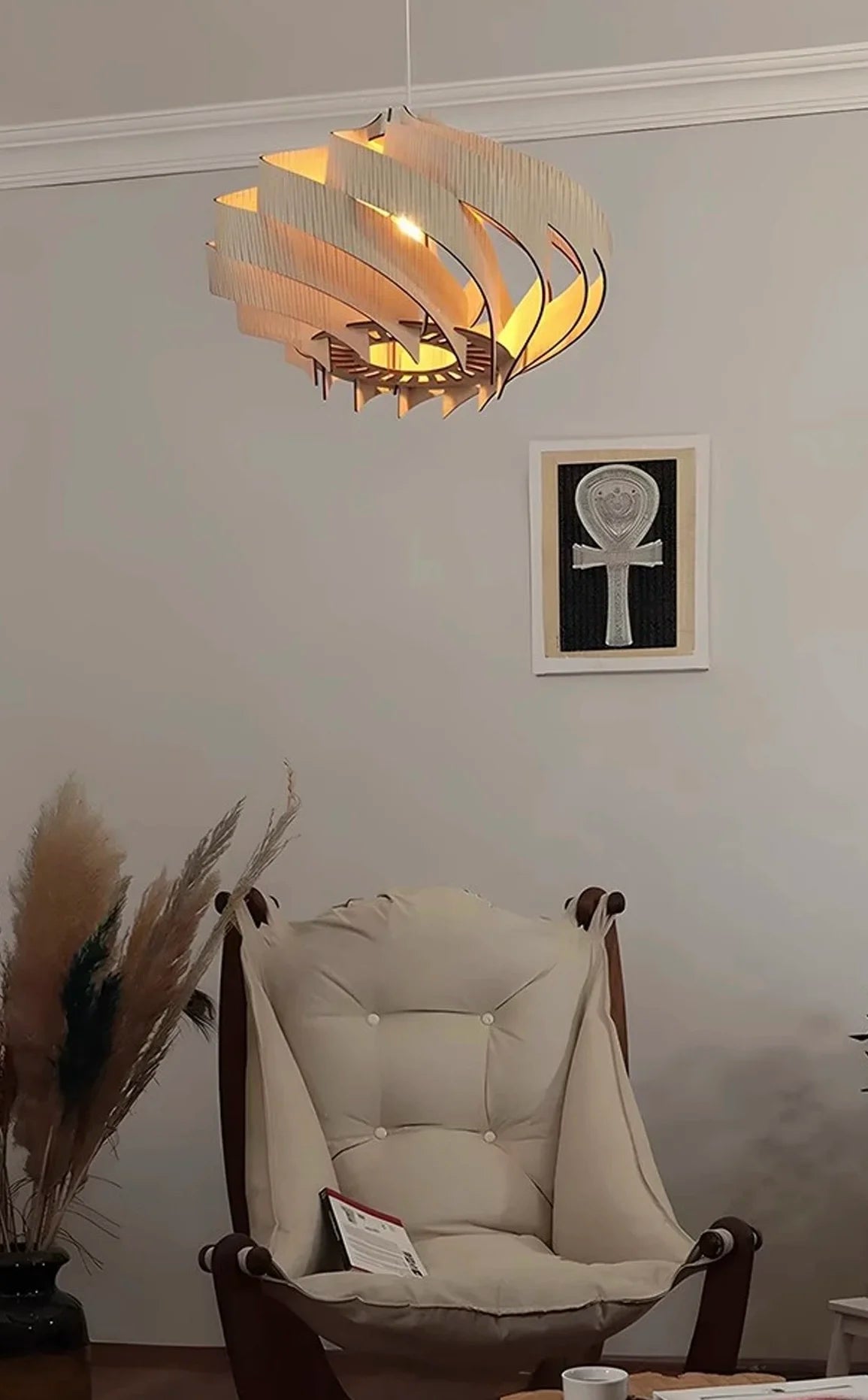 Wood Art Pendant Light, Modern Art Warm LED Decor Lamp for Dining Room Bedroom Bedside Ambient Lighting