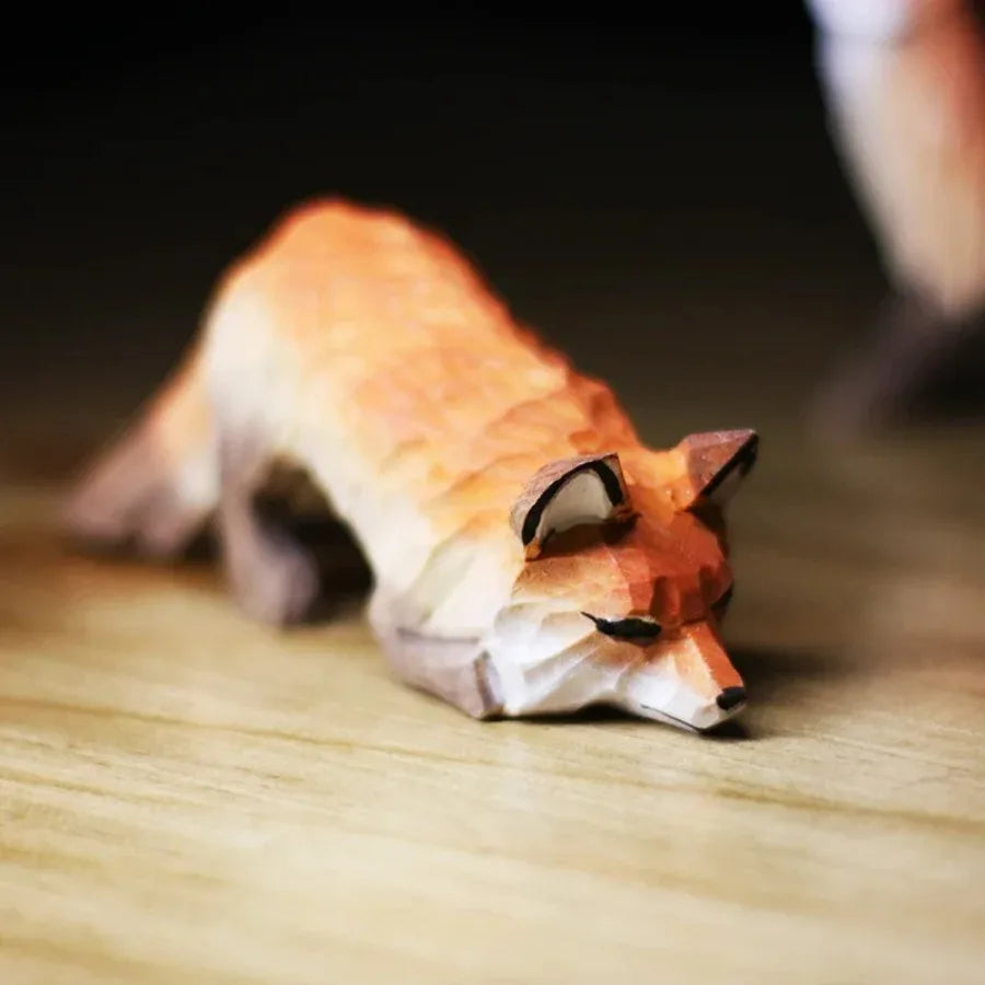 Modern Art Fox Wood Carving Ornaments Solid Wood Handicrafts Red White Foxes Home Decor Desk Decor Animal Figurine Statue