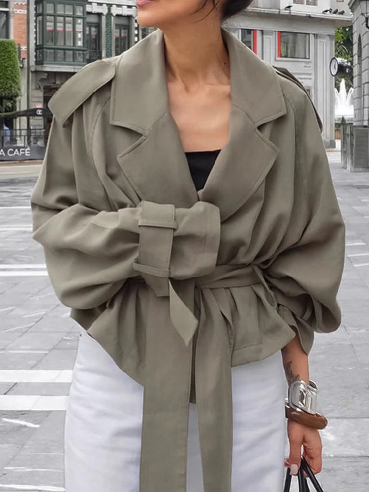 Women Lapel Lace Up Trench Coat Fashion Lace Up Full Sleeve Button Short Thin Windbreak 2026 New Lady Daily Street Outerwear