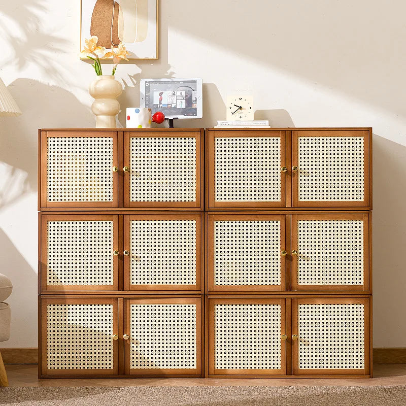 Bamboo Wood Grids Cabinet Stackable Household Storage Cabinet Floating Window Low Storage Box Bedside Cabinet For Bedroom Floor