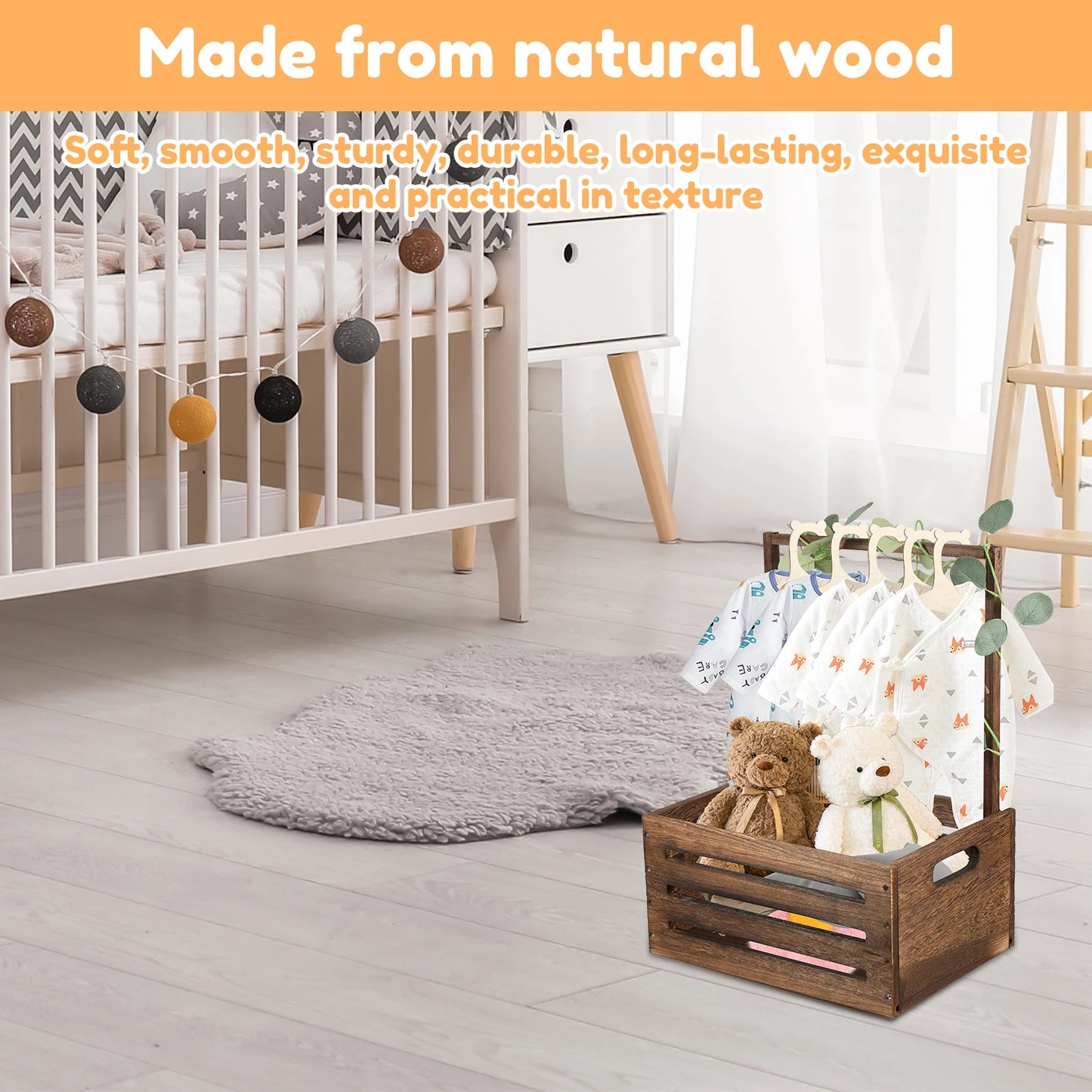 Wood Baby Shower Storage Basket Baby Toys Storage Crate with Handle Decorat Multipurpose Gift Basket for Boys Girls New Parents