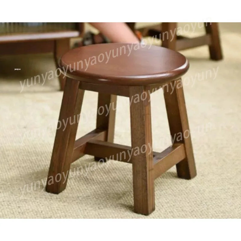Wood Round Stool, Walnut Color Small Footstool for Sofa Tea Table, Home Entryway Seat Cushion