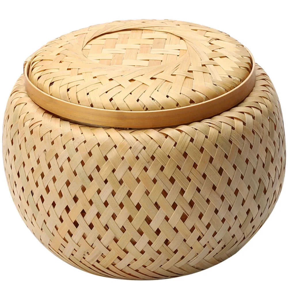 Double Layer Bamboo Weave Basket with Cover Pastoral Style Tea Box Handmade Breathable Bamboo Food Storage Jars Gift