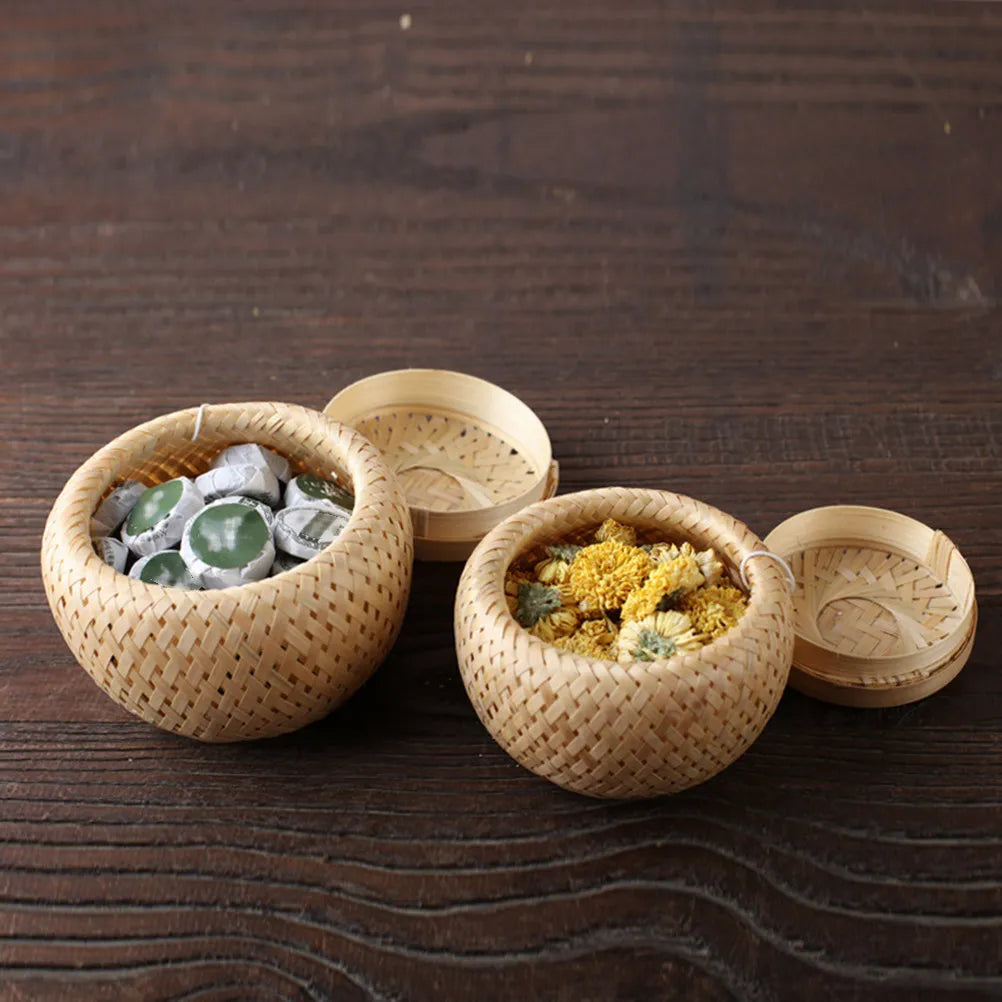 1Pcs Bamboo Woven Tea Basket Fine Polishing Edge Tea Storage Jar Moisture Proof Gift Box for Birthday Wedding Home Office