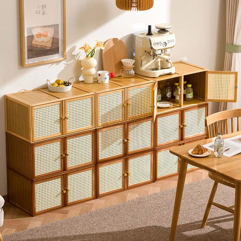 Bamboo Wood Grids Cabinet Stackable Household Storage Cabinet Floating Window Low Storage Box Bedside Cabinet For Bedroom Floor