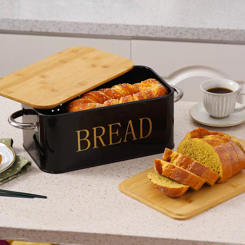 Bamboo covered bread box. The bamboo cover can be used as a cutting board with breathable holes to keep food fresh