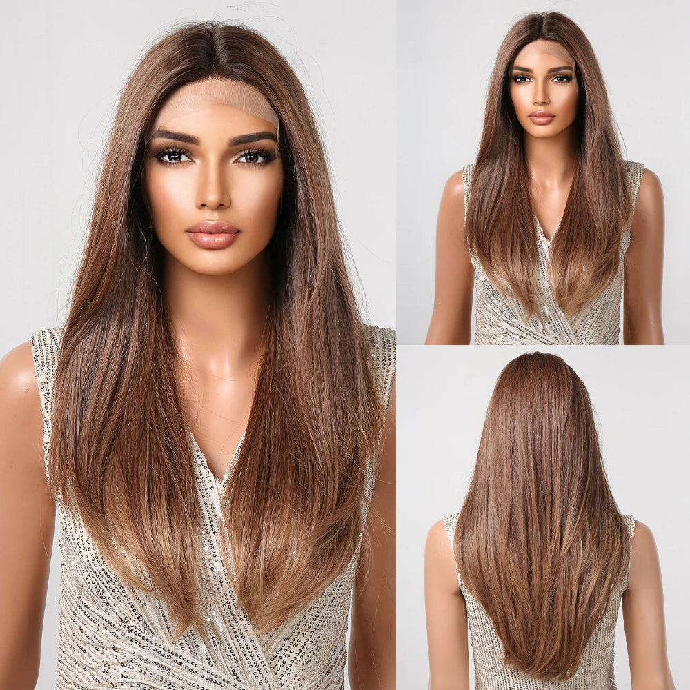 Synthetic Lace Front Hair Wig Brown Blonde Long Straight Lace Wigs for Black Women Natural Heat Resistant Cosplay Party Wig