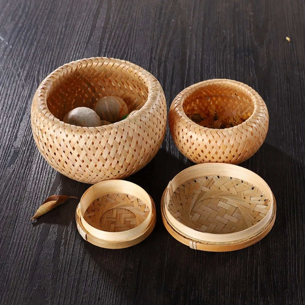 Double Layer Bamboo Weave Basket with Cover Pastoral Style Tea Box Handmade Breathable Bamboo Food Storage Jars Gift