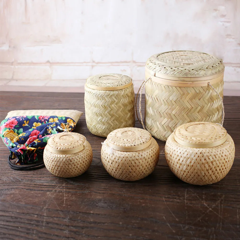 1Pcs Bamboo Woven Tea Basket Fine Polishing Edge Tea Storage Jar Moisture Proof Gift Box for Birthday Wedding Home Office