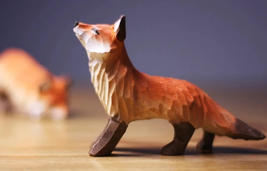 Modern Art Fox Wood Carving Ornaments Solid Wood Handicrafts Red White Foxes Home Decor Desk Decor Animal Figurine Statue