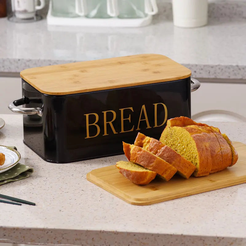 Bamboo covered bread box. The bamboo cover can be used as a cutting board with breathable holes to keep food fresh