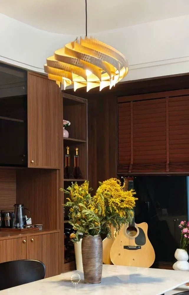 Wood Art Pendant Light, Modern Art Warm LED Decor Lamp for Dining Room Bedroom Bedside Ambient Lighting