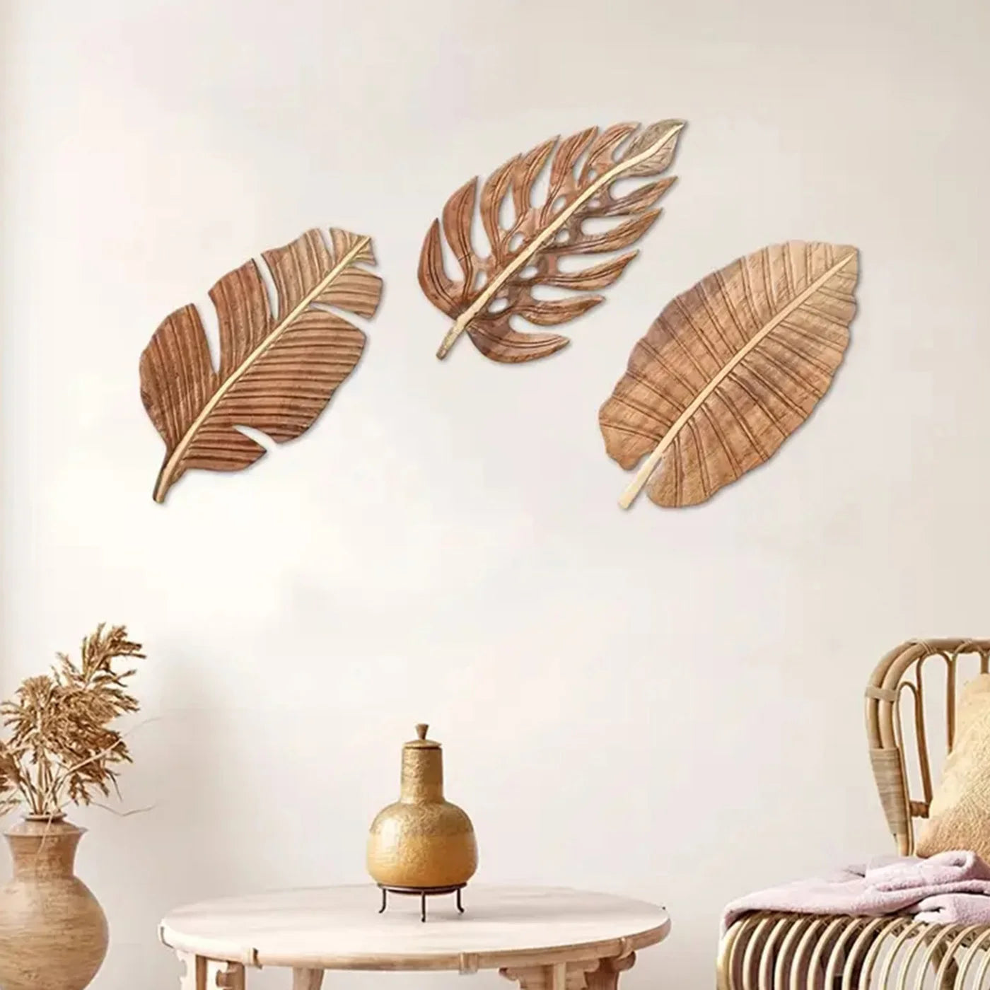 3pcs Wood Leaf Wall Art Decor, Bohemian Home Decor, Wood Wall Sculptures for Living Room, Indoor Wall Hanging Decoration