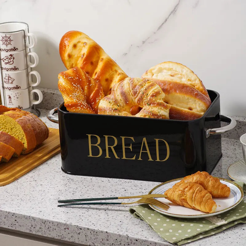 Bamboo covered bread box. The bamboo cover can be used as a cutting board with breathable holes to keep food fresh