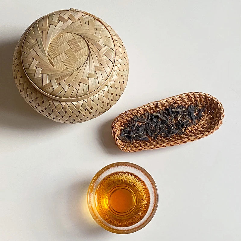 Bamboo Storage Basket with Cover Handmade Woven Tea Basket Tabletop Storage Box Flowerpot for Tea Dried Fruit Snack